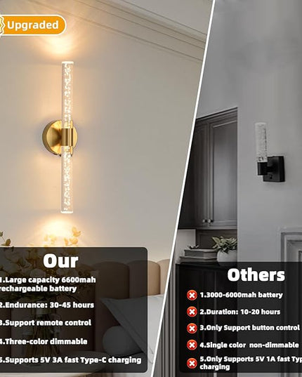 Battery Operated Wall Sconces Set of Two, Gold 20'' Rechargeable Crystal Bubble Wall Sconce with Remote Control, 3000K-6000K Dimmable LED Wireless Wall Lights for Living Room Bedroom Bathroom Hallway
