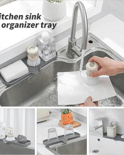 Silicone Bathroom Soap Dishes with Drain Spout-Bathroom and Kitchen Sink Organizer,Sponge Holder,Dish Soap Tray,Perfect for Dispenser,Scrubber,Bottle,Cup on Sink or Counter-Grey 12"×4"