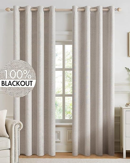 MIULEE 100% Blackout Linen Textured Curtains for Bedroom Solid Thermal Insulated Ivory Grommet Room Darkening Curtains & Drapes Luxury Decor for Living Room Nursery 52 x 94 Inch (2 Panels)