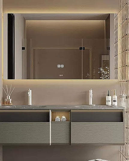 80IN Wood Bathroom Vanity - Double Sink Bathroom Vanity with Sink | Includes LED Intelligent Defogging Mirror Cabinet, 3 Drawers | Intelligent Induction Light & Integrated Double Sinks, Grey