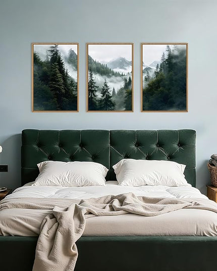 HOURIA Boho Forest Mountain Framed Canvas Wall Art Set,Nature Foggy Woodland Ridge Wall Decor,Misty Pine Tree Artwork,Sage Green Botanical Art Prints for Living Room, Bedroom, Farmhouse-24 x36 x3