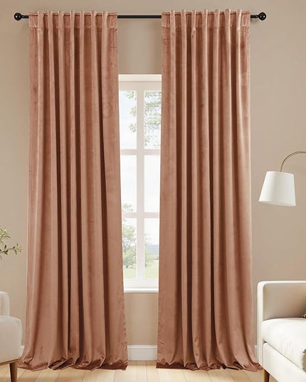 KOUFALL 108 Inch Velvet Blackout Curtains, 9FT Long Ceiling Track Curtains, Boho Luxury Pleated Black Out Drapes for Living Room Rail System, 2 Panel Set, Cinnamon Brown