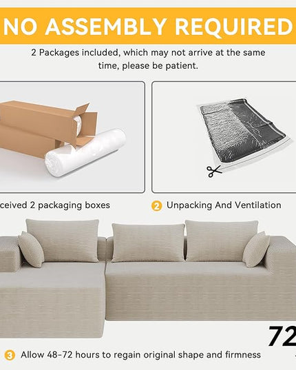 ALISH 111 Inch L-Shaped Cloud Sectional Sofa Couch, Compression Couch with Chaise, Modular Deep Seat Boneless Design for Easy Setup, Plush Upholstered Living Room Bedroom Apartment Furniture, Beige