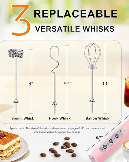YUSWKO Pink Milk Frother Handheld with 3 Heads, Coffee Whisk Drink Foam Mixer with USB Rechargeable 3 Speeds, Electric Hand Frother for Latte, Cappuccino, Hot Chocolate, Egg