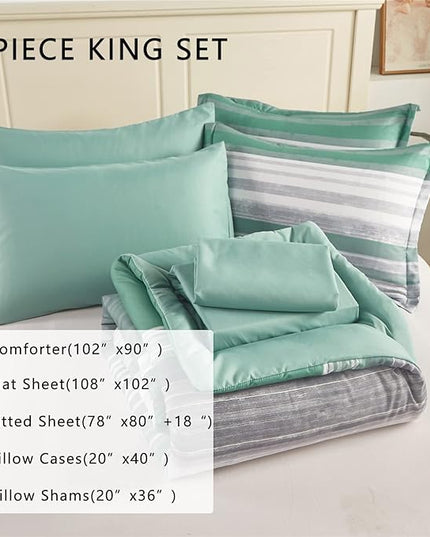 KAKIJUMN 7 Piece Bed in a Bag Stripe Comforter Set King Size, White Grey Sage Green Patchwork Striped Comforter and Sheet Set, All Season Soft Microfiber Complete Bedding Sets(Green,King)
