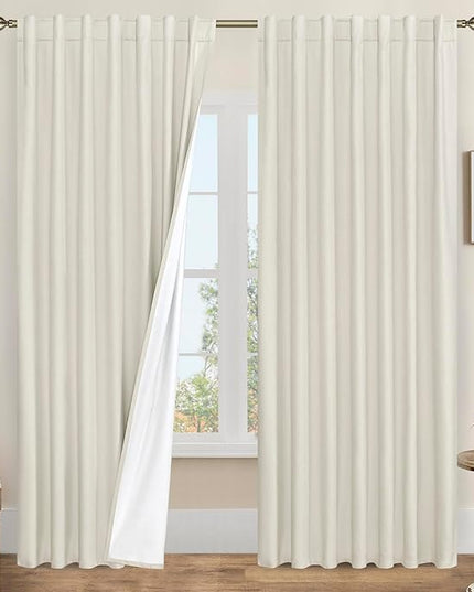 LAMIT 100% Blackout Linen Curtains 95 Inches Long, Living Room Farmhouse Drapes Full Room Darkening Back Tab and Rod Pocket Panels with White Liner, 2 Panels, Ivory, 60 x 95 Inch