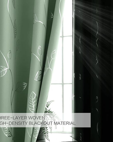 BUHUA Blackout Curtains Pairs 84 Inches Long Room Darkening Curtains with Shinny Silver Leaf Design for Sliding Glass Door 52W×84L Sage Green 1 Pair