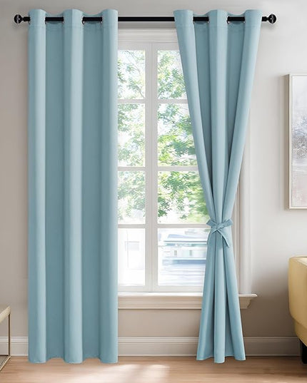 JIUZHEN Light Blue Blackout Curtains with Tiebacks Thermal Insulated, Light Blocking and Noise Reducing Grommet Curtains for and Living Room, Set of 2 Window Curtain Panels, 42 x 84 Inch Length