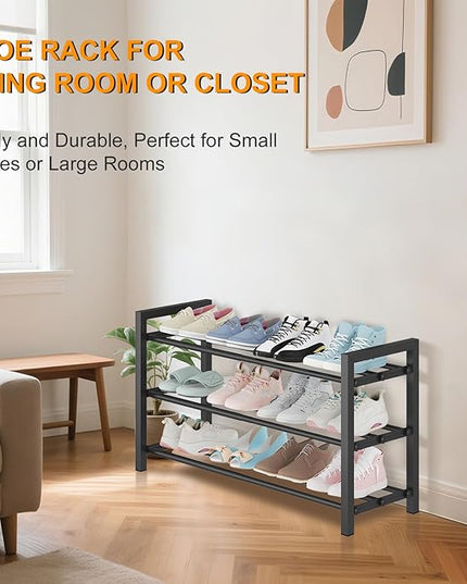 3-Tier Expandable Shoe Rack – Adjustable Heavy-Duty Metal Shoe Organizer Shelf for Closet, Entryway, Mudroom & Garage – Durable Freestanding Storage, Black