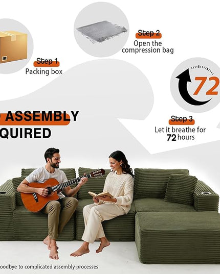 110" Boneless Couch in A Box, Convertible L Shaped Modular Sectional Sofa Set with Deep Seat, Corduroy Cloud Couch Sectional Couches for Living Room, No Assembly Required(3 Seat+ 1 Ottoman,Green)