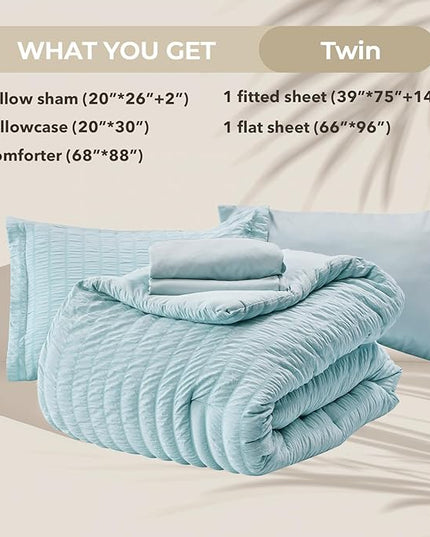 HYMOKEGE Lake Blue Twin Comforter Set Seersucker 5 Pieces, All Season Luxury Bed in a Bag for Bedroom, Bedding Set with Comforters, Sheets, Pillowcase & Shams