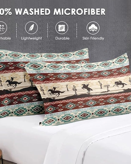 Full Size Comforter Set with 2 Pillowcases, Tribal Cowboy Horses 3 Pcs Bedding for Kids and Adults, Retro Vintage Western Soft Comforter Set for Bedroom Bed Decor