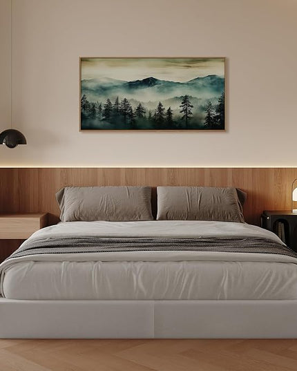 HOURIA Large Boho Mountain Forest Framed Canvas Wall Art Set,Nature Foggy Woodland Wall Decor,Modern Pine Tree Artwork,Watercolor Botanical Art Print for Living Room,Bedroom,Farmhouse- 20"×40"×1