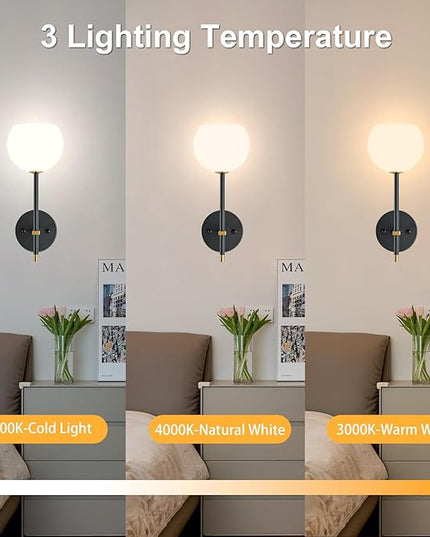 Black Gold Battery Operated Wall Sconces Set of 2, Rechargeable Wireless Wall Lights with Milky White Frosted Glass, 12 RGB and 3CCT Dimmable, Wall Lamps with Remote for Bedroom Living Room Hallway