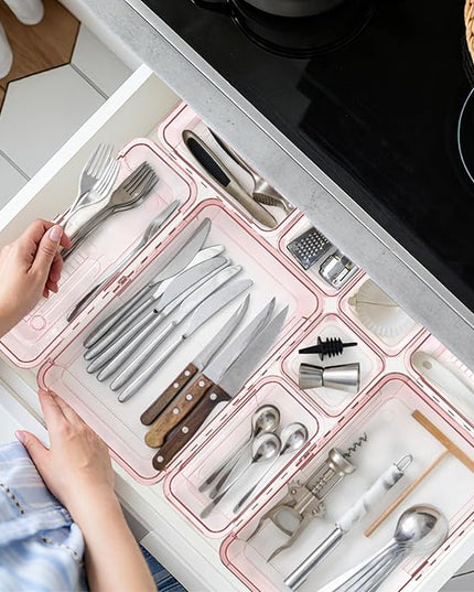 14 Pcs Adjustable Clear Drawer Organizer, Extendable Vanity Storage Bins, Desk Drawer Organizer Set for Makeup, Cosmetics, Bedroom, and Gadgets, Pink