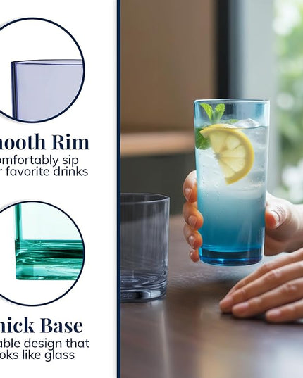 US Acrylic Classic Plastic Reusable Drinking Glasses (Set of 8) 12oz Rocks & 16oz Water Cups in Coastal Colors | BPA-Free Tumblers, Made in USA | Top-Rack Dishwasher Safe