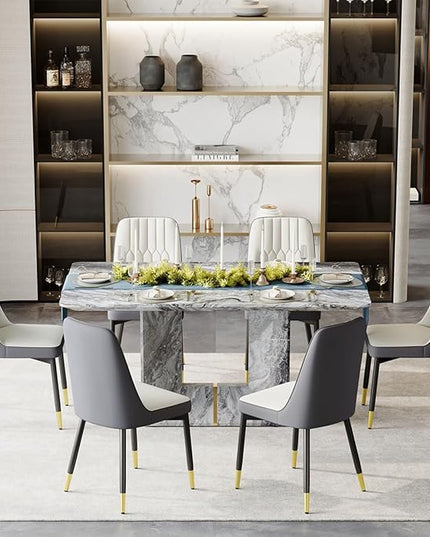 Dinner Table Set for 6, 7 Piece Dining Table Set with Chairs, 63" Faux Marble Modern Table with 6 PU Leather Upholstered Chairs, for Kitchen & Dining Room