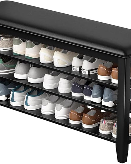Shoe Rack Bench Entryway Storage with Leather Cushion, Shoe Organizer Bench for Entryway, Ideal for Front Doors Entrances Hallway Mudroom Featuring Rubberwood And 3 Height-Adjustable Removable Shelve