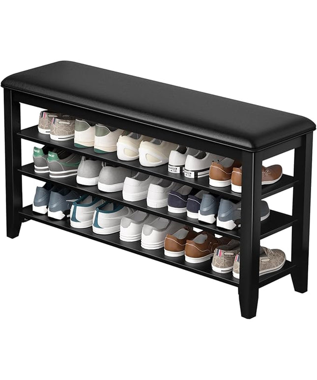 Shoe Rack Bench Entryway Storage with Leather Cushion, Shoe Organizer Bench for Entryway, Ideal for Front Doors Entrances Hallway Mudroom Featuring Rubberwood And 3 Height-Adjustable Removable Shelve