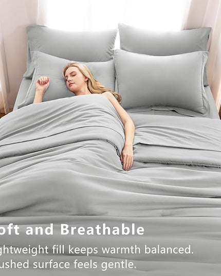 CozyLux Full Size Comforter Set Light Grey, 7 Pieces Bed in a Bag Full Comforter Set with Sheets, Bedding Set with Down Alternative Comforter, Fitted Sheet, Flat Sheet, Pillow Shams and Pillowcases