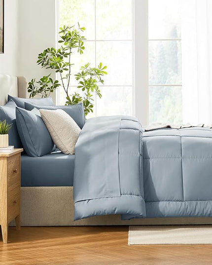 CozyLux Full Size Comforter Sets Grayish Blue, 7 Pieces Bed in a Bag, Blue Comforter Full Size, All Season Bedding Sets with Stitch Quilted Comforter, Flat Sheet, Fitted Sheet, Pillowcases