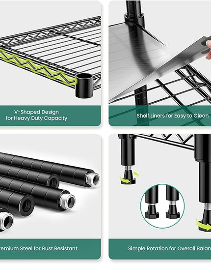 5-Tier Storage Shelves 72" H Wire Shelving with 5 Shelf Liners, 1325LBS Adjustable Metal Shelving, Heavy Duty Steel Wire Rack for Garage Commercial Pantry Kitchen, 36" W x 14" D x 72" H, Black
