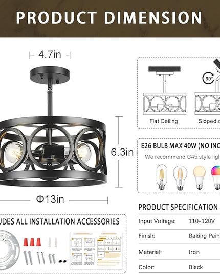 Farmhouse Semi Flush Mount Ceiling Light,3-Light Industry Black Sloped Ceiling Light Fixtures D13 Inches Drum Metal Light Fixture for Entryway Foyer Hallway Kitchen Dining Room