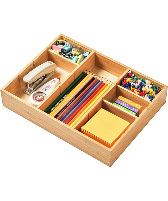 Umilife Desk Drawer Organizer, Bamboo Wood Organizer Tray with Adjustable Compartments, Office Desk Accessories Supplies Organization Storage, 12" x 9"