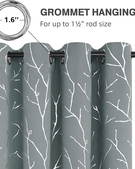 BUHUA Blackout Curtains 84 Inch Length 2 Panels Set, Grey Curtains for Bedroom, Foil Tree Branches Print Geometric Grommet Top Drapes Energy - Saving Curtain, Light Grey, 52W x 84L