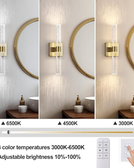 Battery Operated Crystal Wall Sconce 2-Pack Rechargeable Modern Vanity Light Fixtures, 3000K-6000K Dimmable Gold LED Wireless Wall Lights for Bathroom Bedroom Living Room Hallway