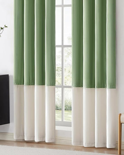 BULBUL Color Block Window Curtains Panels 90 inches Long Sage Green Ivory Velvet Farmhouse Drapes for Bedroom Living Room Darkening Treatment with Grommet Set of 2