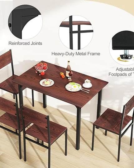 Giantex Dining Table Set for 4, 5-Piece Kitchen Table Set with Dinner Table, Dining Chairs, Metal Frame, Space-Saving Dinette Set for Living Room Restaurant, Breakfast Nook Table Set (Walnut)