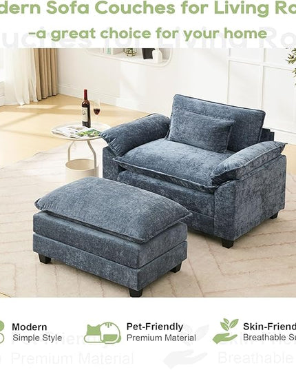 53" Modular Sectional Sofa, Comfy Cloud Couch Sectional Sofa with Ottoman, Chenille Sofa Sleeper Deep Seat Sofa with Throw Pillows for Living Room (Blue)