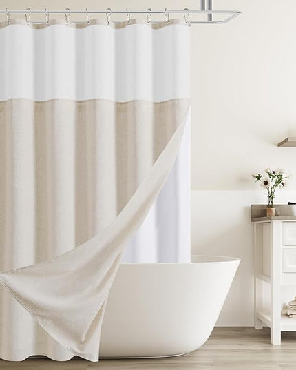 Naturoom Beige Linen Shower Curtain with Snap in Liner Set Rustic Farmhouse Shower Curtains for Bathroom 200GSM Textured Cream Burlap Cloth Double Bath Curtains with See Through Top Window 72x72