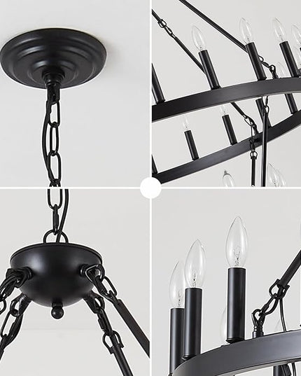 Black Wagon Wheel Chandelier 2 Tier 36-Light, 48-Inch Large Farmhouse Industrial Chandelier Round Rustic Pendant Light Fixture for High Ceilings Foyer, Entryway, Dining Room, E12
