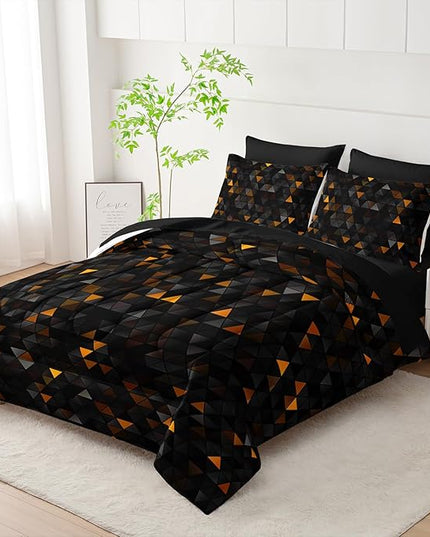 Geometric Yellow Black Triangle King Size Comforter Set,Light Honeycomb Bedding Set 7 Piece in A Bag,Bed Sheet Set Geometry Decor,Microfiber Lightweight All Season