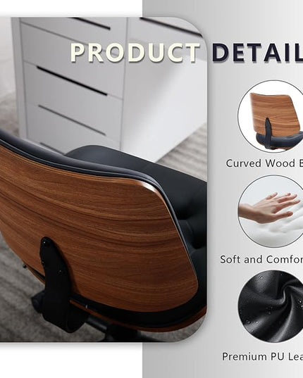 Armless Home Office Chair with Wheels, PU Leather Adjustable Height Computer Desk Chair, 360 Swivel Small No Arms Chair, Modern Button Walnut Style for Office, Reading Meeting Room(Black)