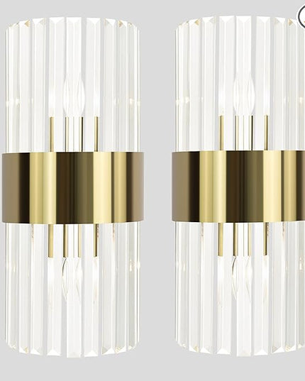 Gold Crystal Wall Sconce Set of 2, Modern Crystal Glass Sconces Lighting 2-Light Brass Glass Wall Light Fixtures for Bathroom Hallway Bedroom, 8-Inch