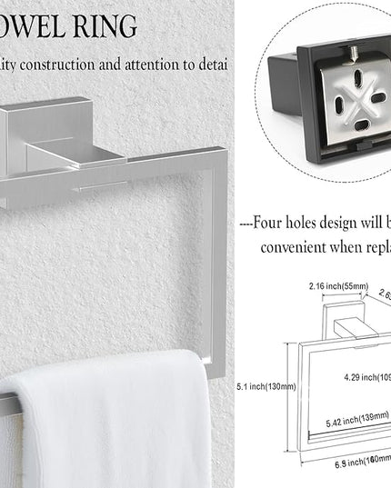 BOZWELL 5 Piece Brushed Nickel Stainless Steel Towel Bar Set, 23.6 inch Square Bathroom Hardware Accessories Set,Wall Mounted Towel Racks for Bathroom with TP