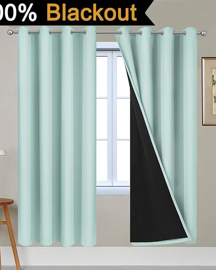 Yakamok 100% Blackout Curtains Energy Saving Thermal Insulated 2 Thick Layers Completely Blackout Drapes with Black Liner for Bedroom (52Wx72L, Aqua, 2 Panels)