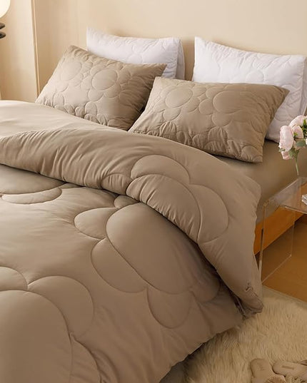 Luxlovery Cream Coffee Comforter Set Twin Light Cream Coffee Quilts Khaki Bedding Comforter Set Solid Plain Color Soft Breathable Tapue Comforter for Teens Kids