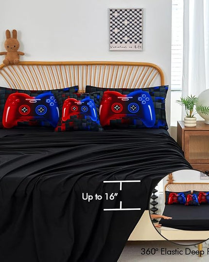 PERFEMET 6 Pieces Kids Comforter Sets Twin Size Red and Blue Game Console Bedding Set for Boys Girls Soft Fluffy 3D Cool Teen Gamer Bed in A Bag for All Seasons(Red Blue, Twin)