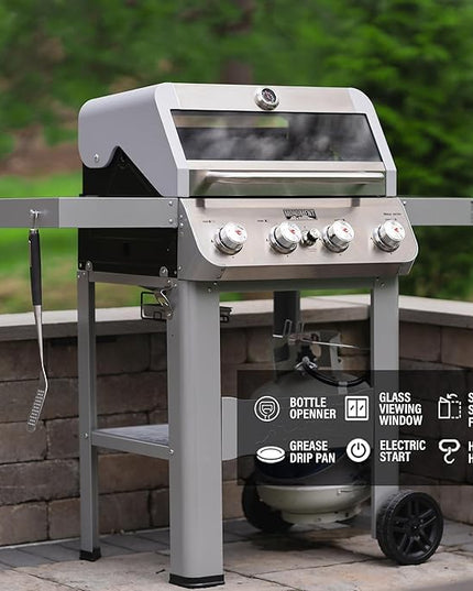 Monument Grills 4-Burner Liquid Propane Gas Grill, Silver Stainless Steel Grill Outdoor Patio Garden Barbecue Grill with Clearview® Lid and One Foldable Shelf, Mesa400MF