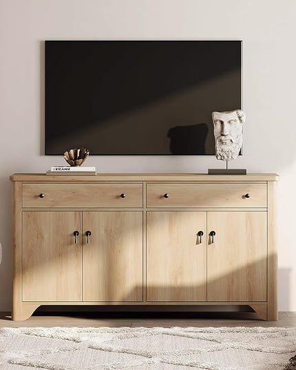 WAMPAT Buffet Cabinet with 4 Doors and 2 Drawers, 59" W Farmhouse Sideboard Cabinet with Storage, Wood Kitchen Storage Cabinets Coffee Bar Table for Dining Room & Living Room, Oak