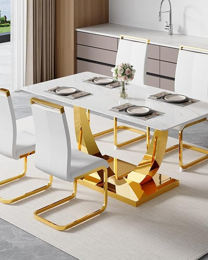 63” Dining Room Table Set for 4,Modern Gold Dining Table Set for 4, Rectangle Kitchen Table Set with Leather Chairs, White Faux Marble Dinner Table Set with Tempered Glass Top and Golden Base