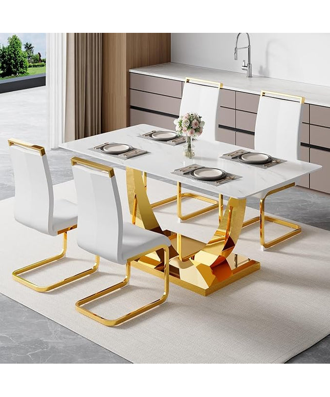 63” Dining Room Table Set for 4,Modern Gold Dining Table Set for 4, Rectangle Kitchen Table Set with Leather Chairs, White Faux Marble Dinner Table Set with Tempered Glass Top and Golden Base