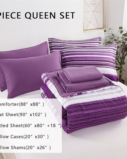 KAKIJUMN 7 Piece Bed in a Bag Stripe Comforter Set Queen Size, White and Purple Patchwork Striped Comforter and Sheet Set, All Season Soft Microfiber Complete Bedding Sets(Purple,Queen)