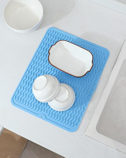 Silicone Dish Drying Mat for Multiple Usage,Easy clean,Eco-friendly,Heat-resistant Silicone Mat for Kitchen Counter or Sink,Refrigerator or drawer liner Light Blue L 16 inches x 12 inches