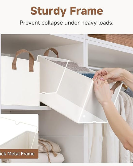 StorageWorks Storage Bins, Fabric Storage Bins for Shelves, Storage Baskets with Metal Frame, Closet Baskets and Bins with Handles, Beige, 2-Pack