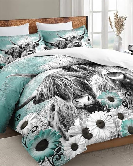 Comforter Set King Size with 2 Pillowcases, Farm Daisy 3 Pcs Bedding for Kids and Adults, Highland Cow Animal Soft Comforter Set for Bedroom Bed Decor